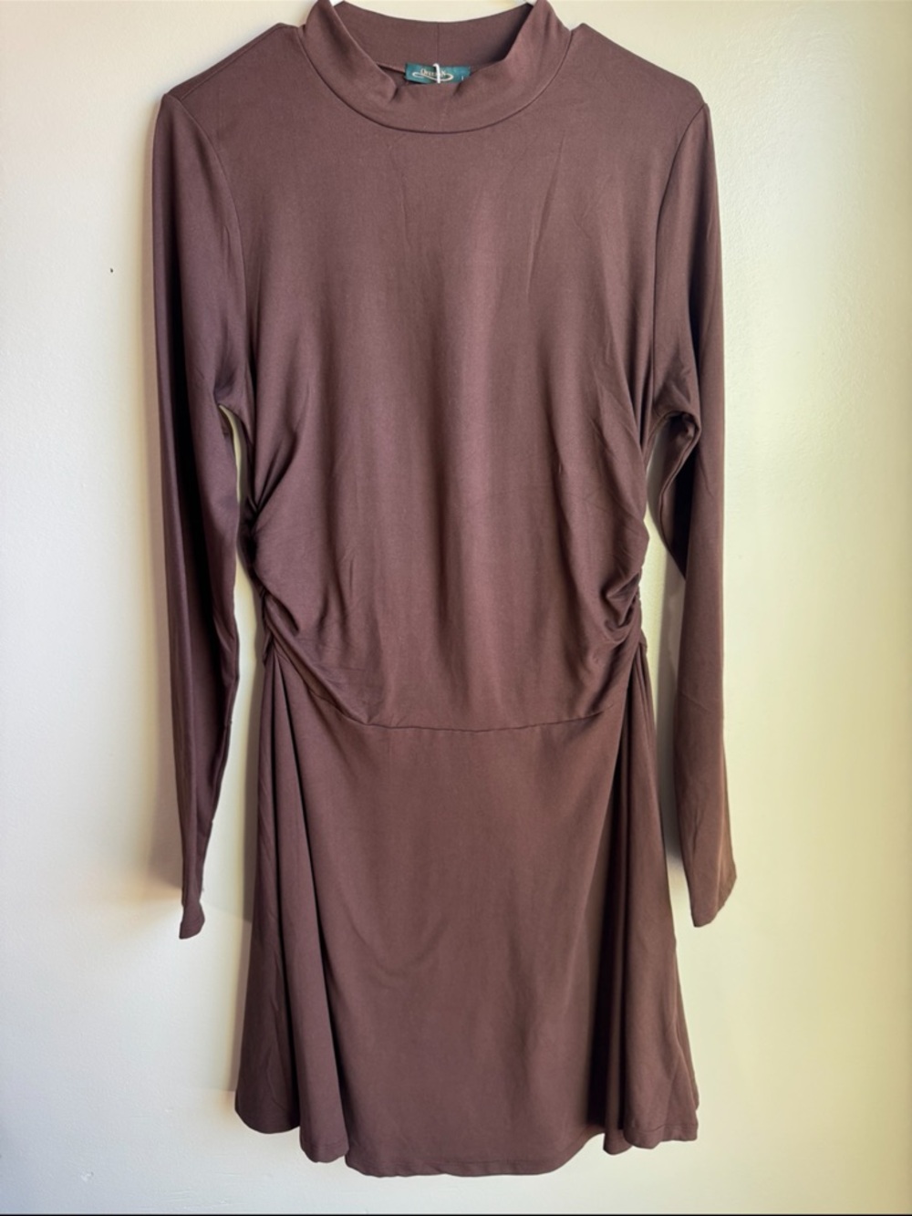 NWT Ofeefan Brown Ruched Mock Neck Long Sleeve Mini Dress Womens Large